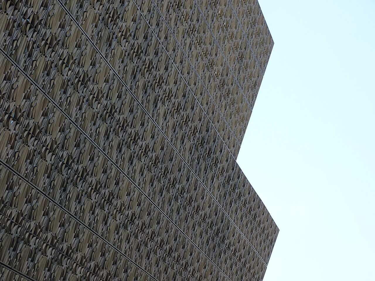 The bronze-colored lattice of the museum's corona, seen close against the sky