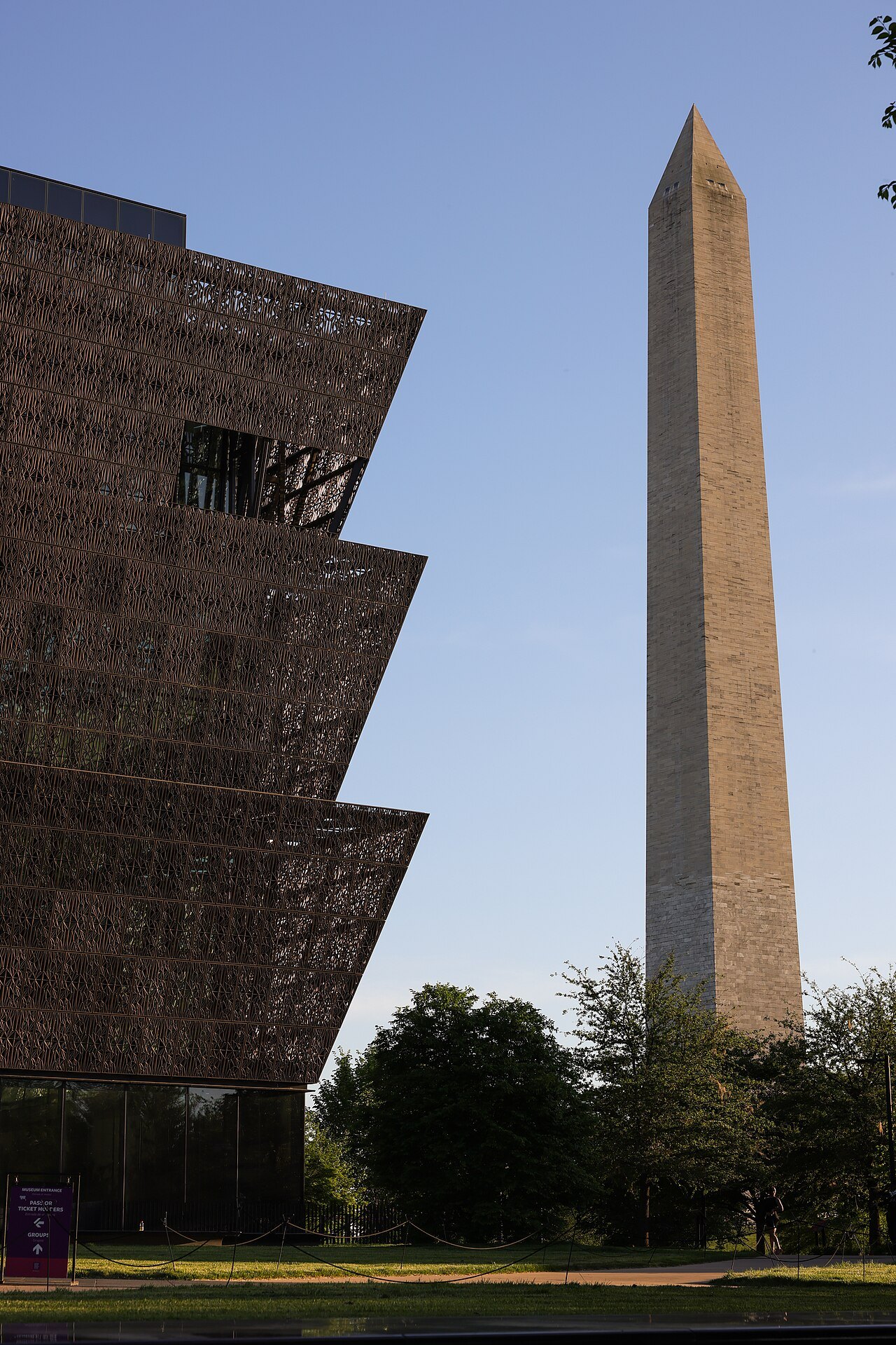 The museum's stepped corona beside the Washington Monument, seen from the north