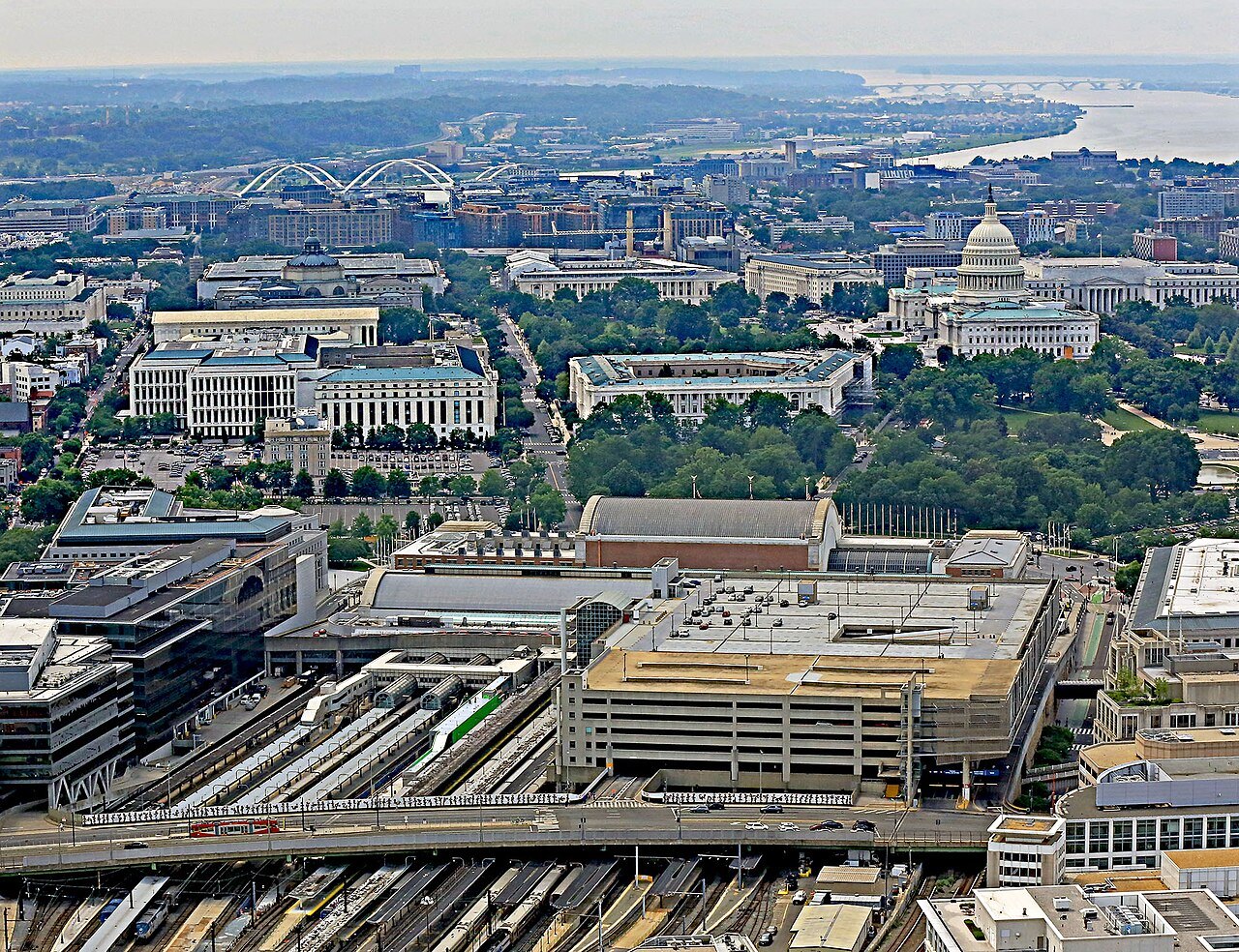 Union Station and Capitol Hill from the air, the rail yards in front