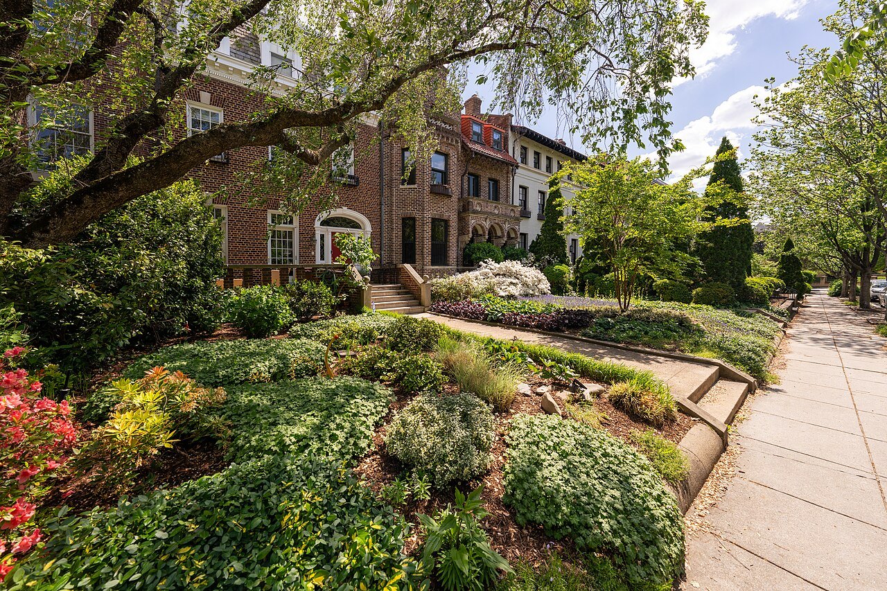 A garden and brick houses in the Sheridan-Kalorama historic district