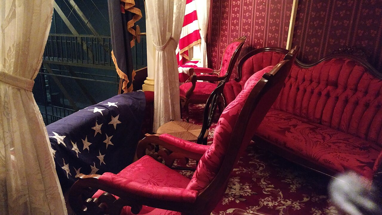 The presidential box at Ford's Theatre, its red chairs and flag, where Lincoln was shot