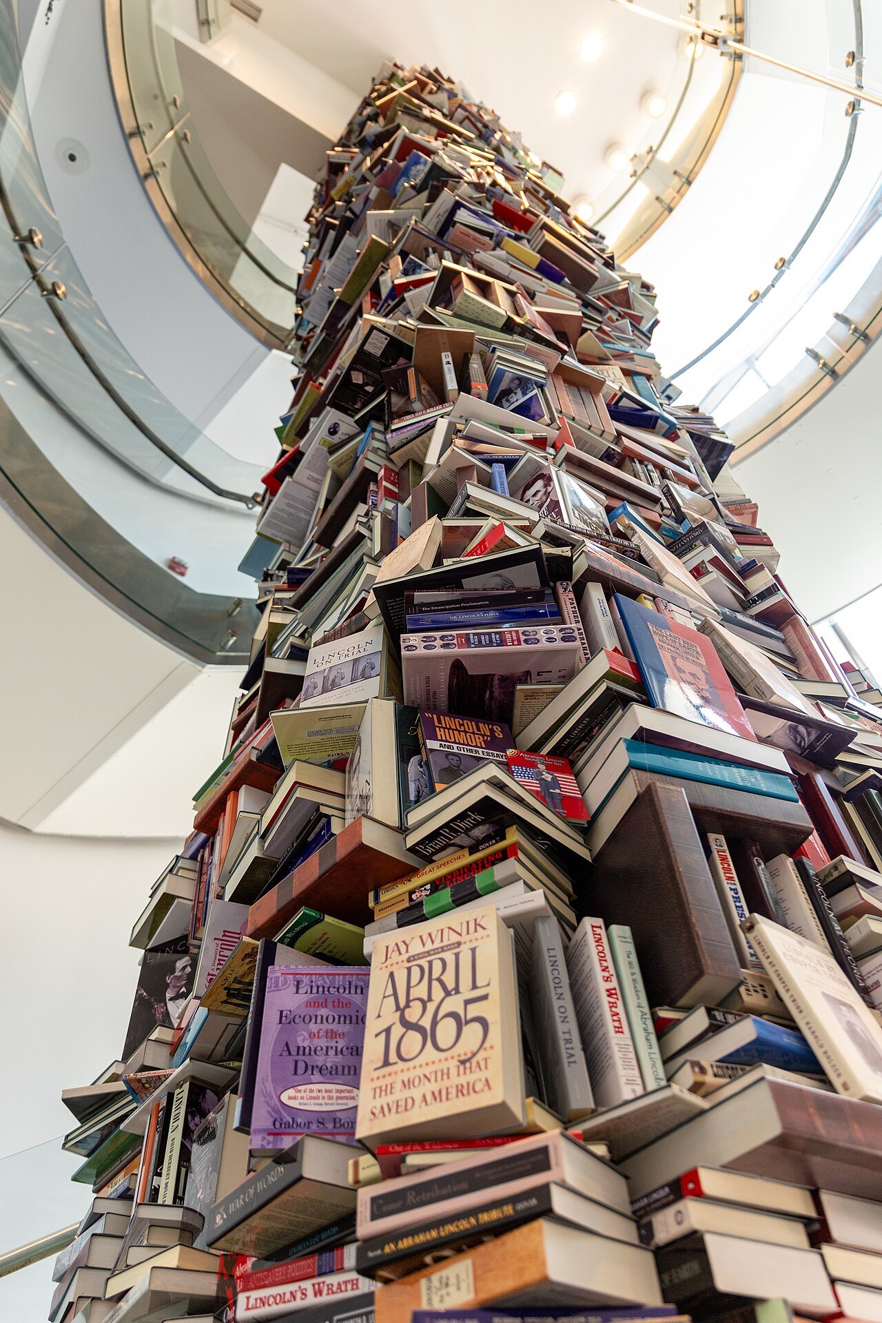 The tower of books about Lincoln in the Center for Education and Leadership beside the Petersen House