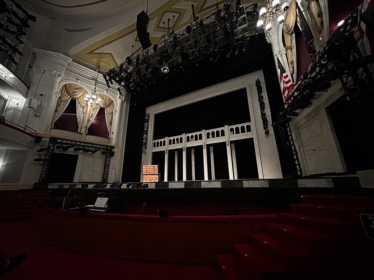 The restored stage of Ford's Theatre, the presidential box at the right