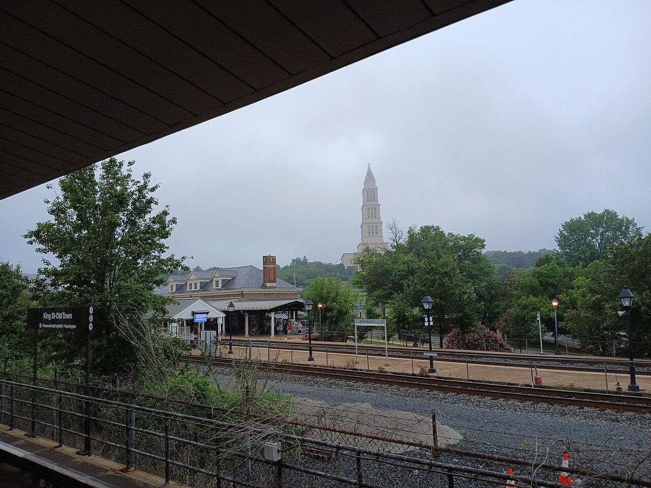 Alexandria's railroad station, the George Washington Masonic Memorial's tower in the mist