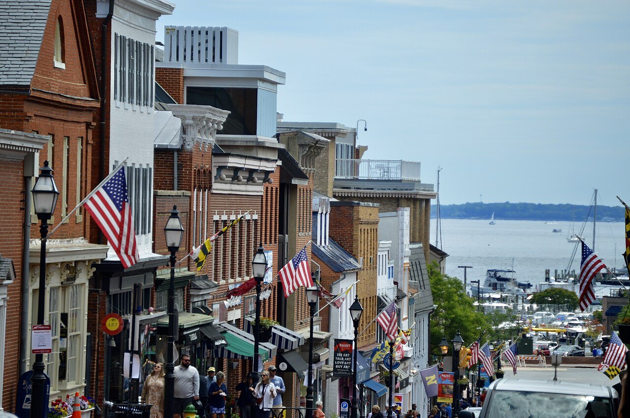 Main Street in Annapolis running down to the harbor and the bay
