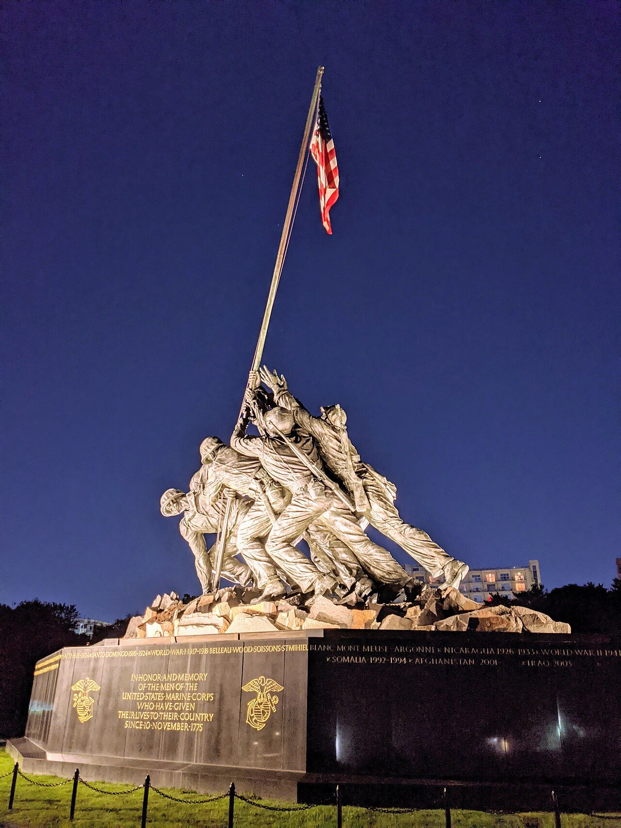 The Marine Corps War Memorial, the flag raising at Iwo Jima cast in bronze