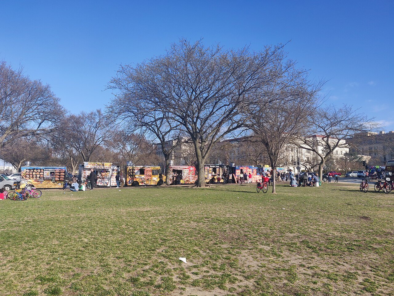 Food trucks along the edge of the Mall, bare trees in early spring