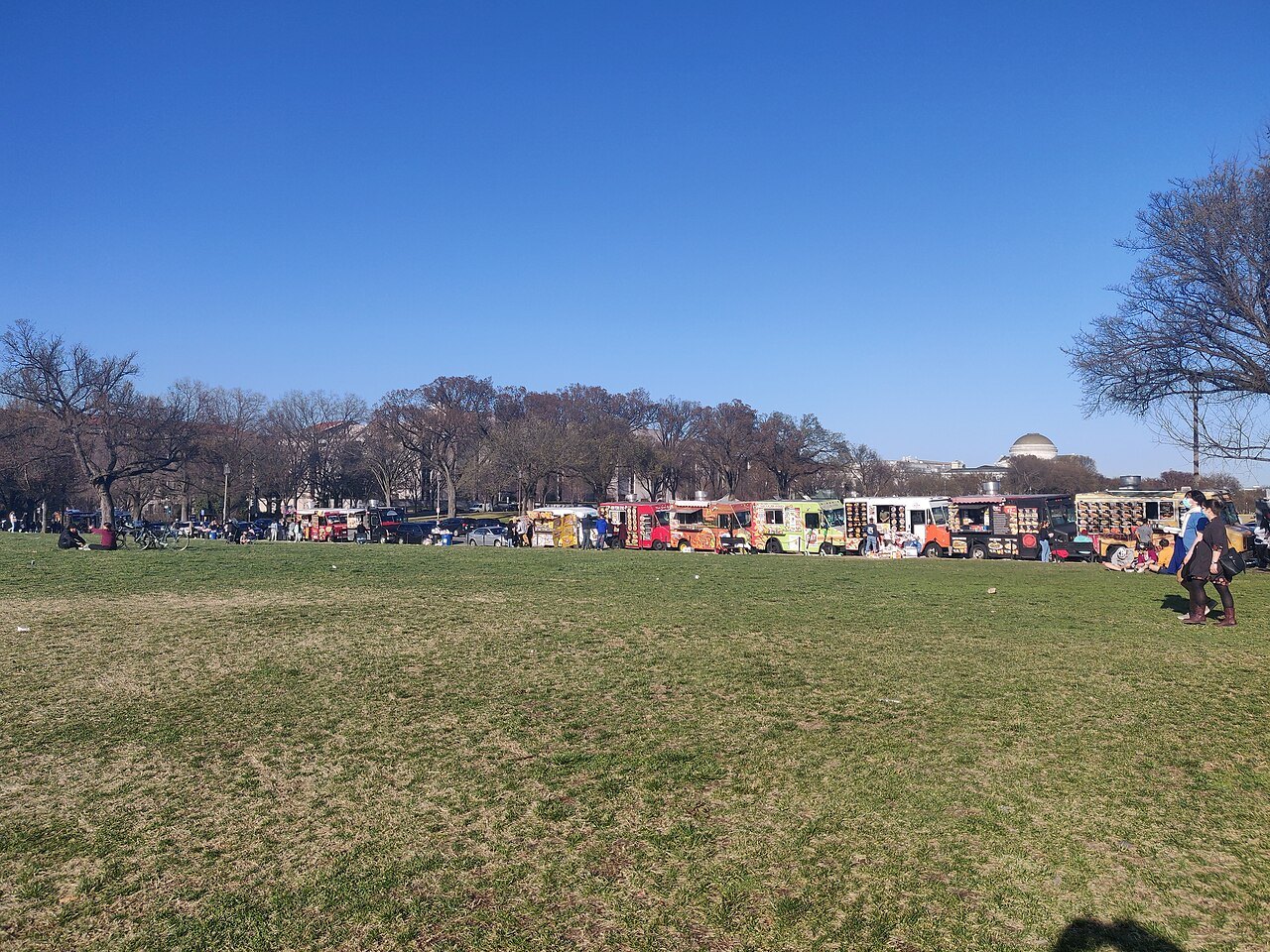 Food trucks lining the Mall on a sunny afternoon
