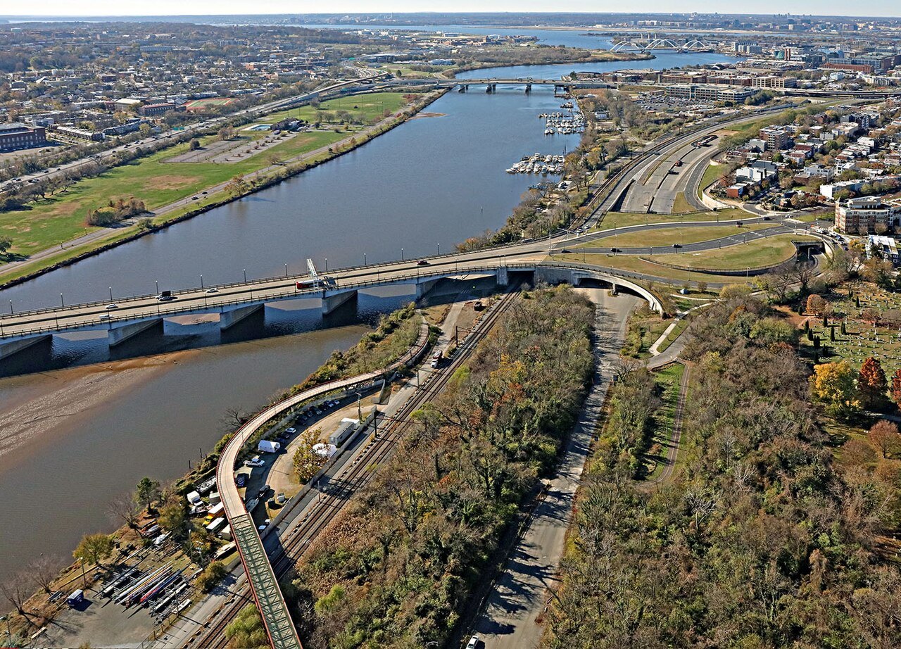 The Anacostia River and its bridges from the air, the riverwalk trail along the bank