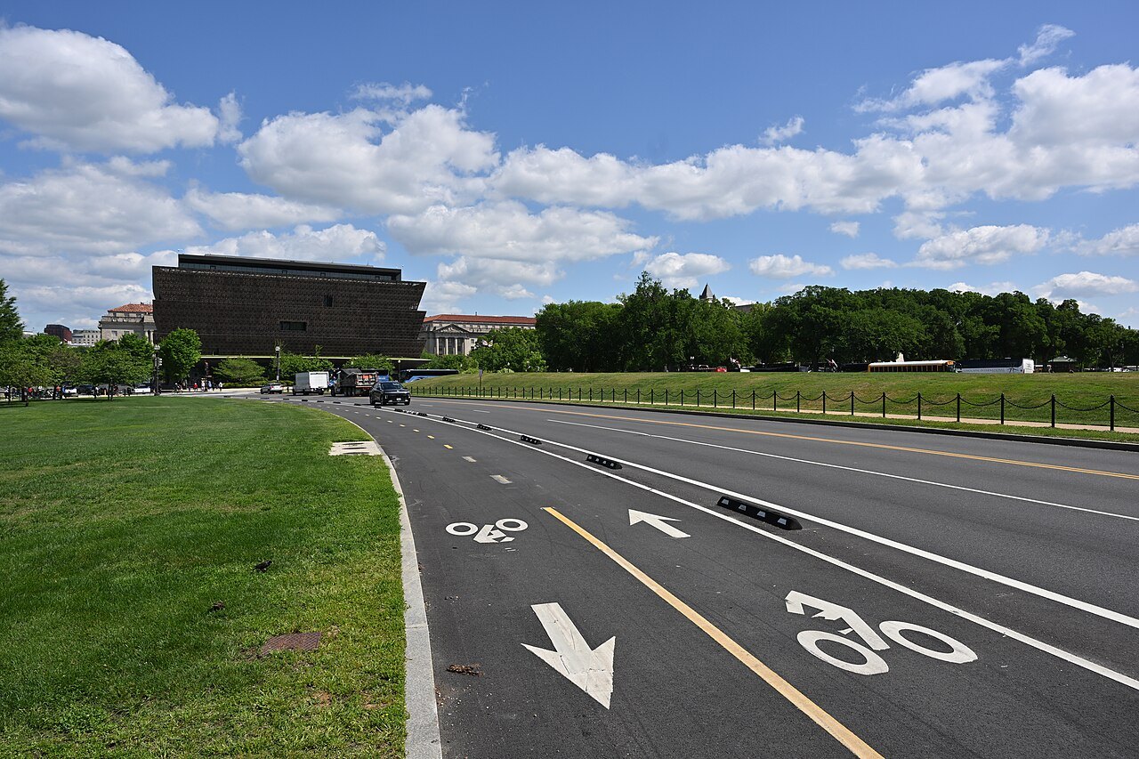 Painted bike lanes on 15th Street by the Mall, the African American History museum behind