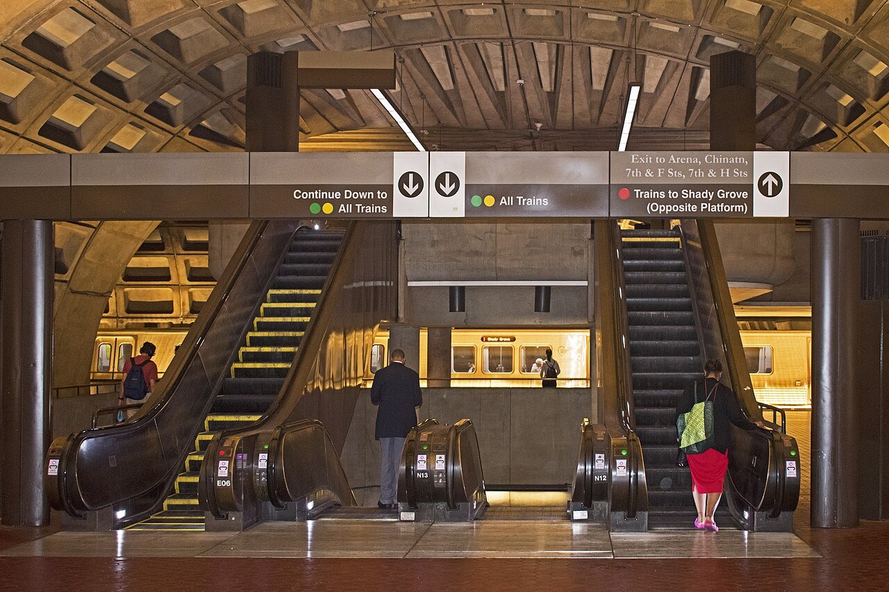 The escalators between levels at Gallery Place, where the Red Line meets the Green and Yellow