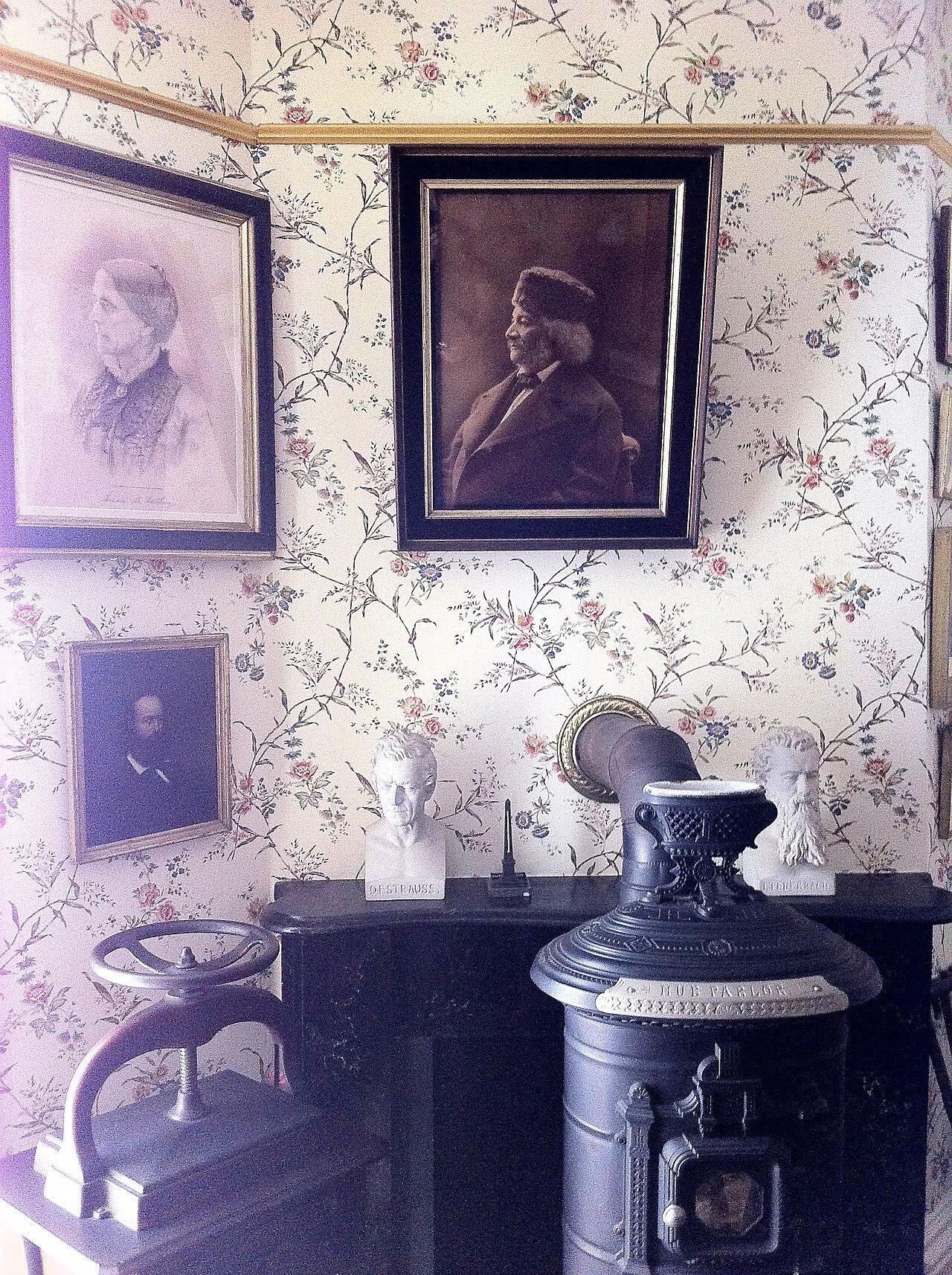 Frederick Douglass's study at Cedar Hill, portraits above a stove