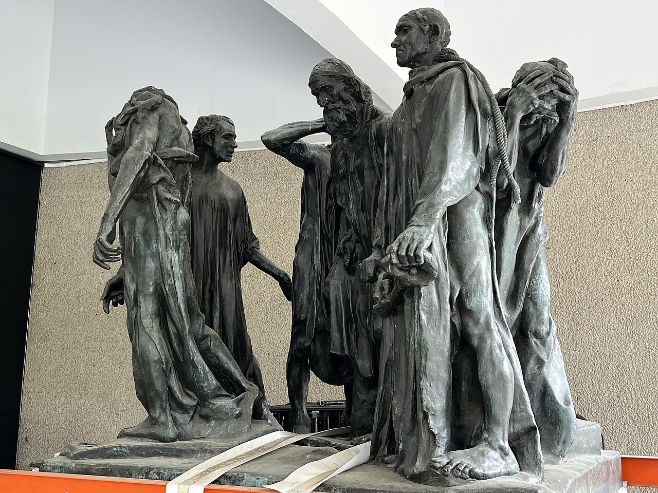 Rodin's Burghers of Calais close up, strapped for moving