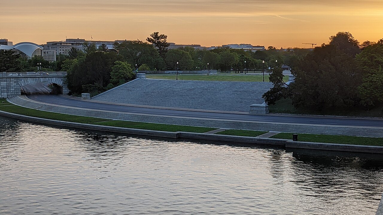 The Watergate Steps descending to the Potomac behind the Lincoln Memorial, at sunset