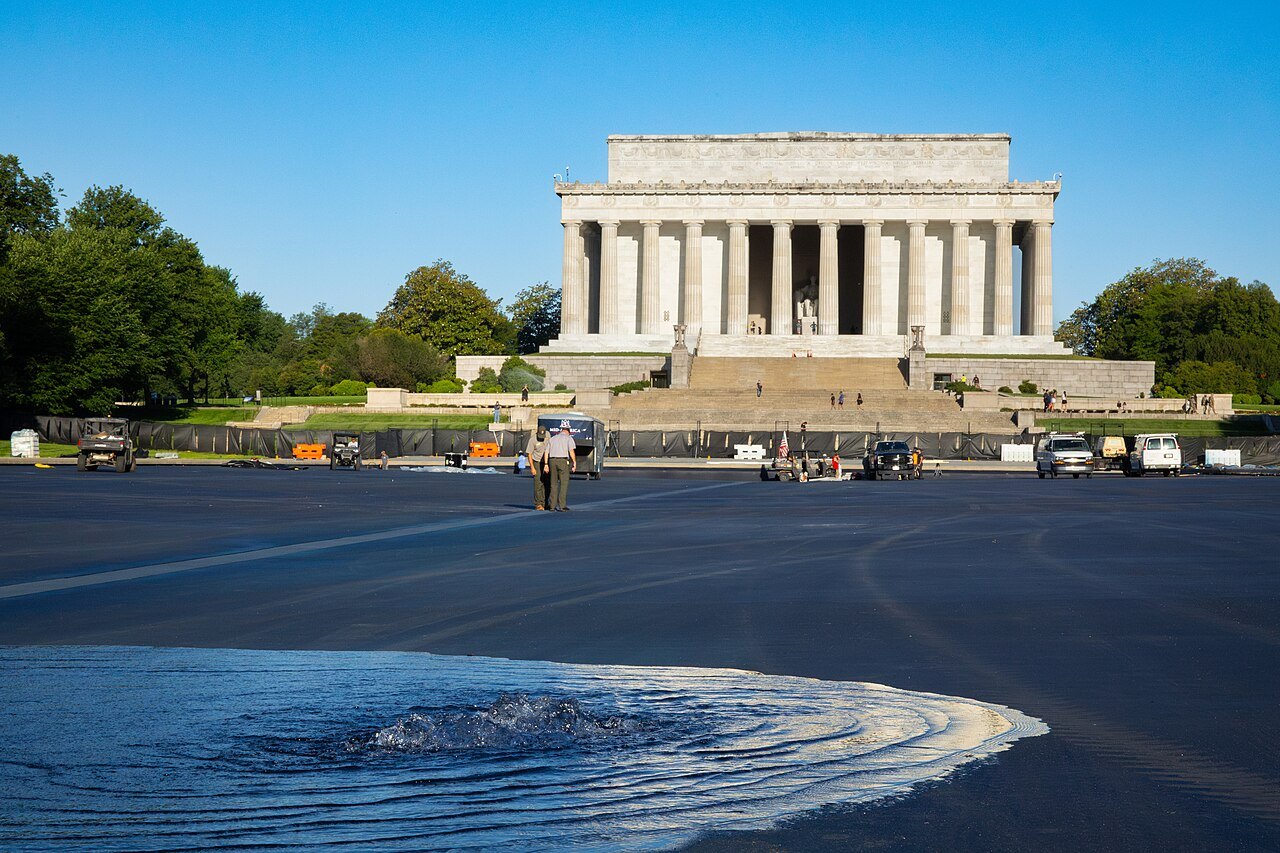 The Lincoln Memorial beyond the drained Reflecting Pool during repair work