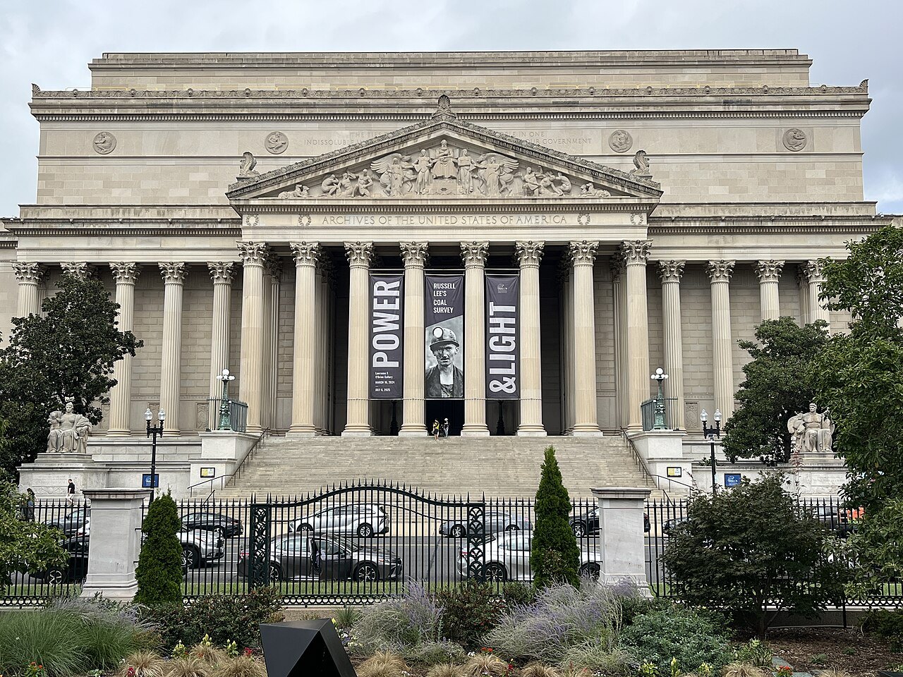 The Constitution Avenue front of the National Archives, banners on the columns