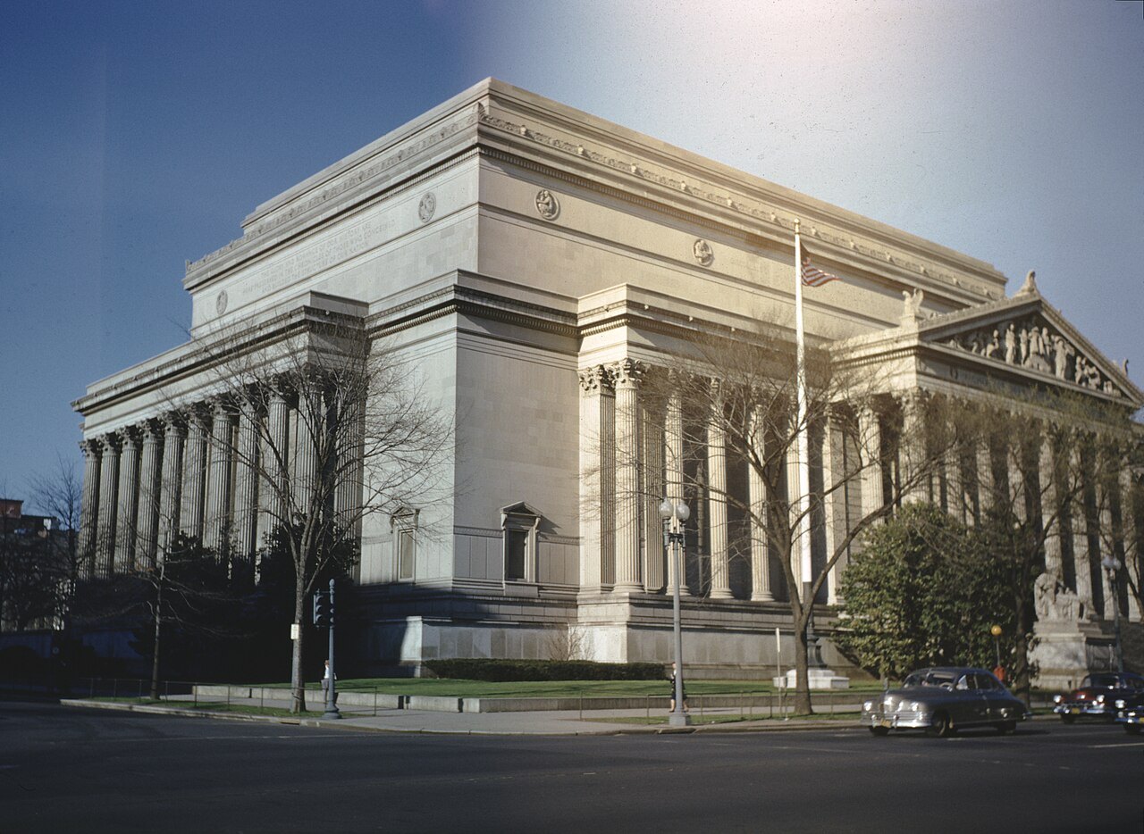 The National Archives Building's corner and colonnade in winter light
