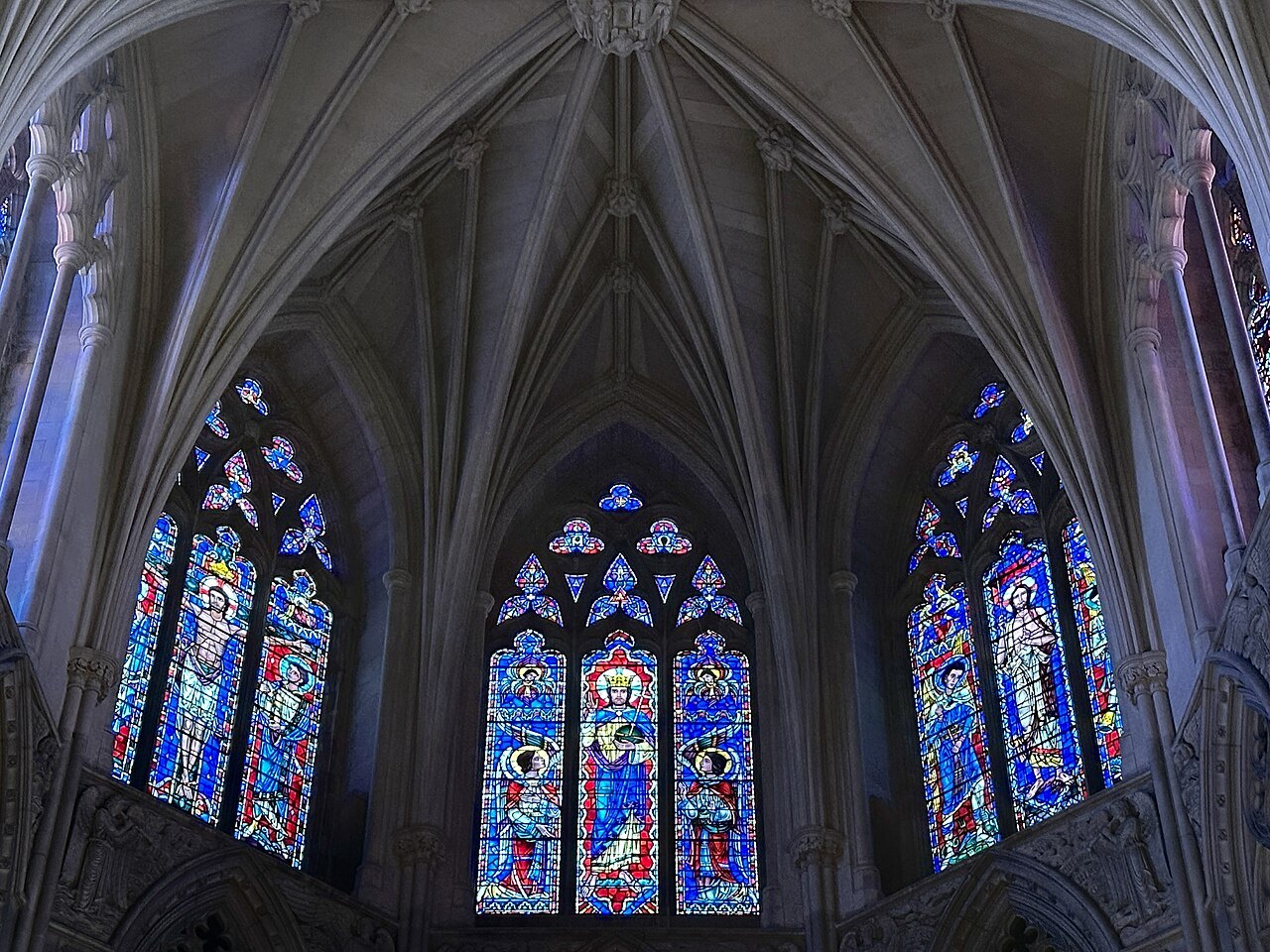 Stained-glass windows under the stone vaulting of Washington National Cathedral