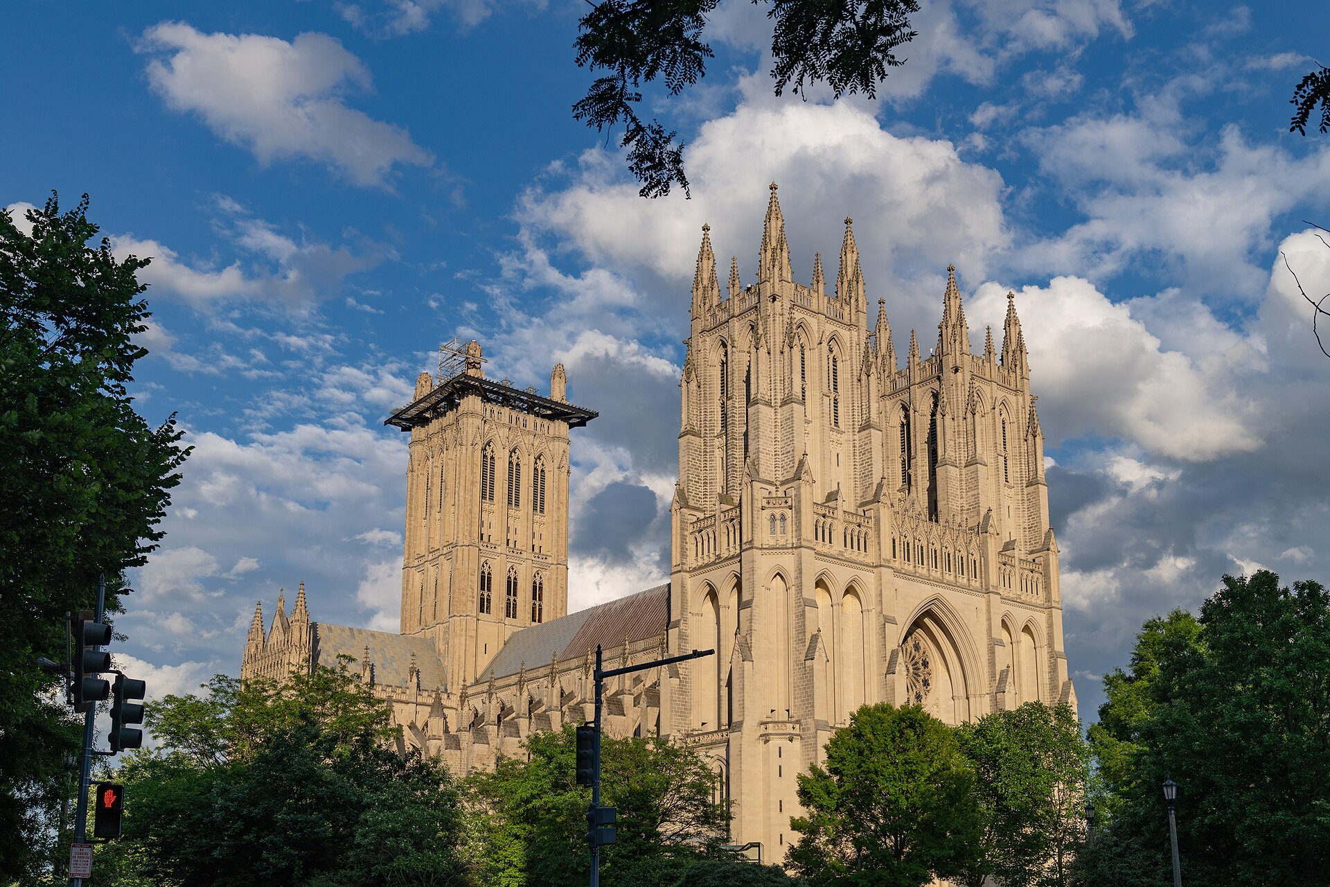 Washington National Cathedral's central tower and west towers above the trees