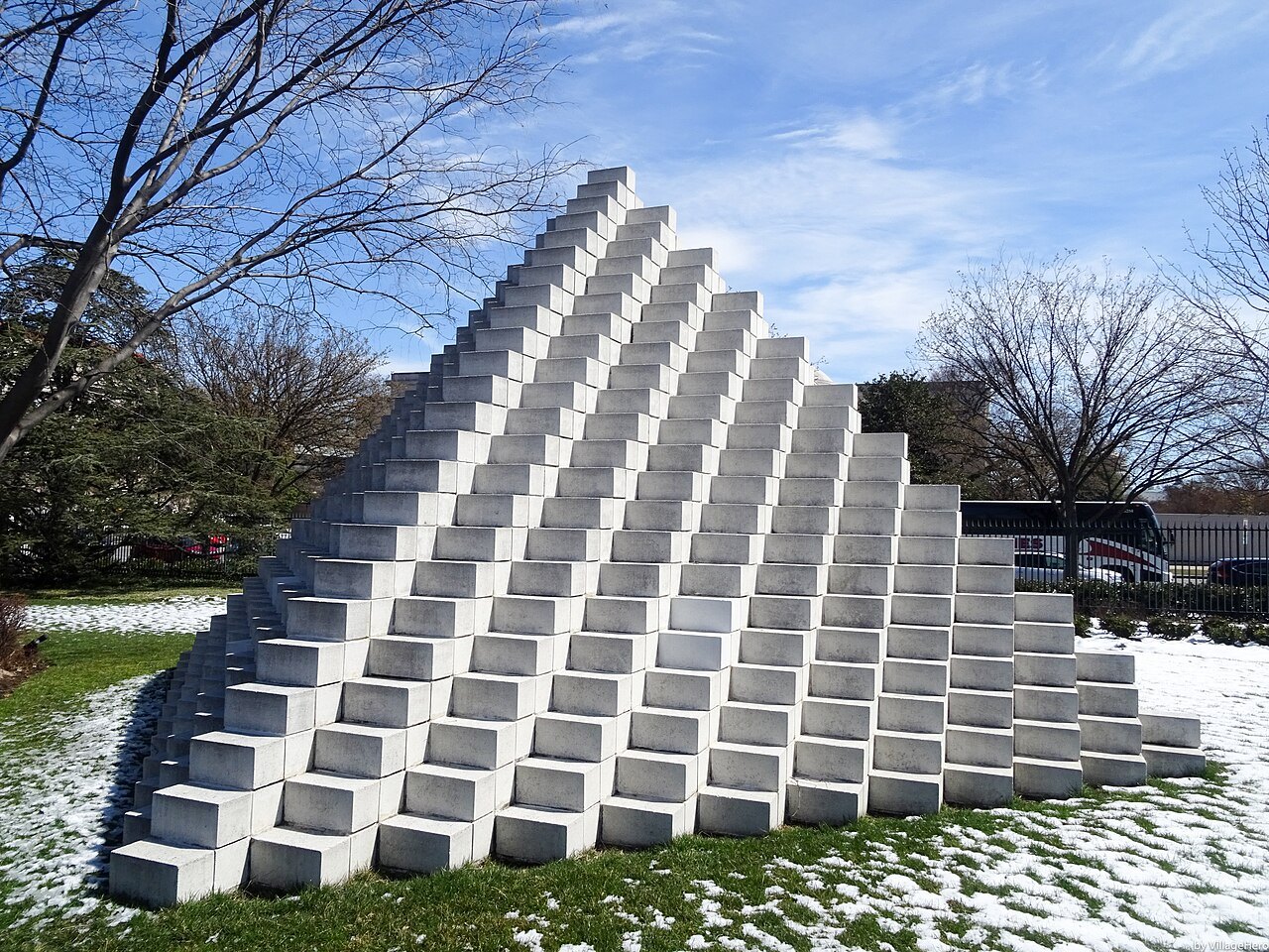 Sol LeWitt's stepped white pyramid of blocks in the Sculpture Garden, snow on the lawn