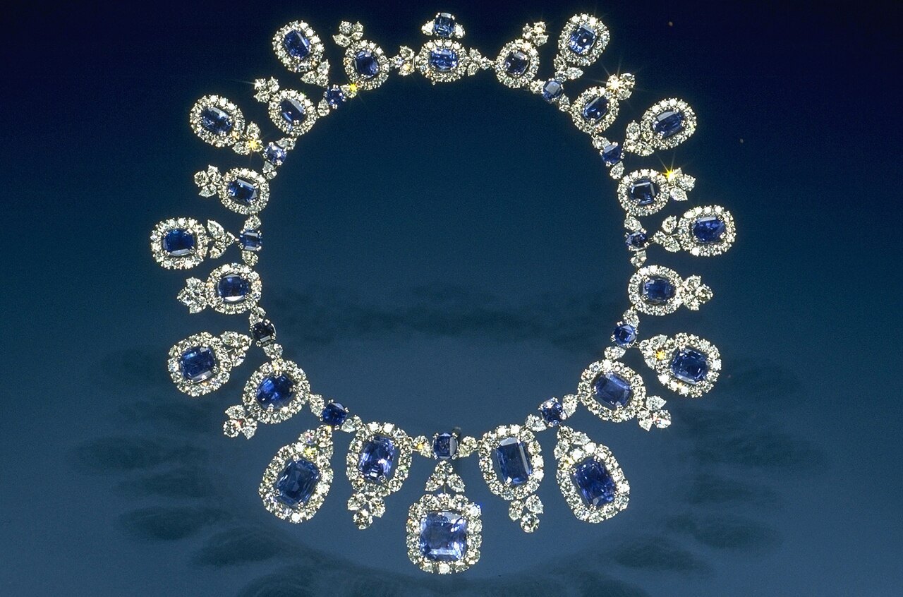 A sapphire and diamond necklace in the gem gallery of the Natural History Museum