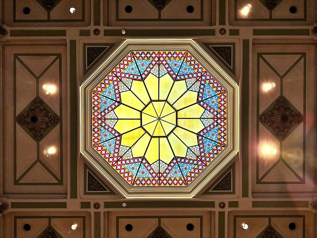A stained-glass ceiling light in the Great Hall of the Old Patent Office