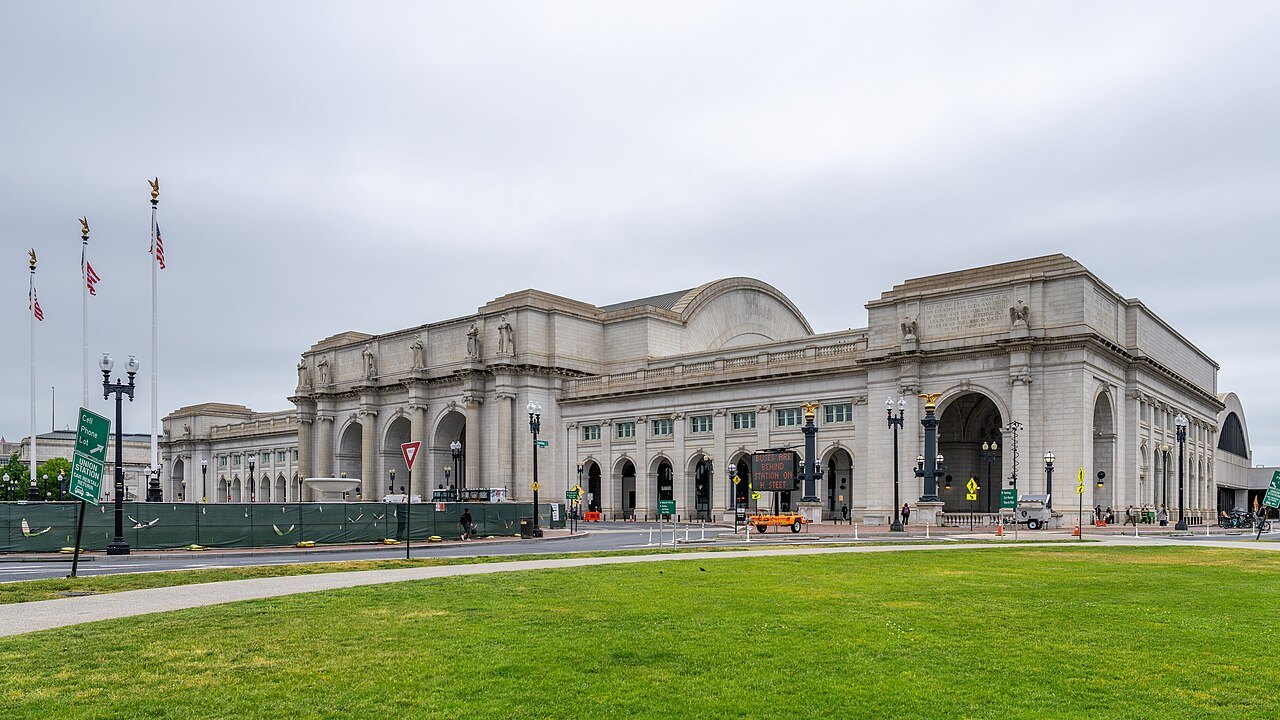 Union Station's long front seen across the lawn of its plaza