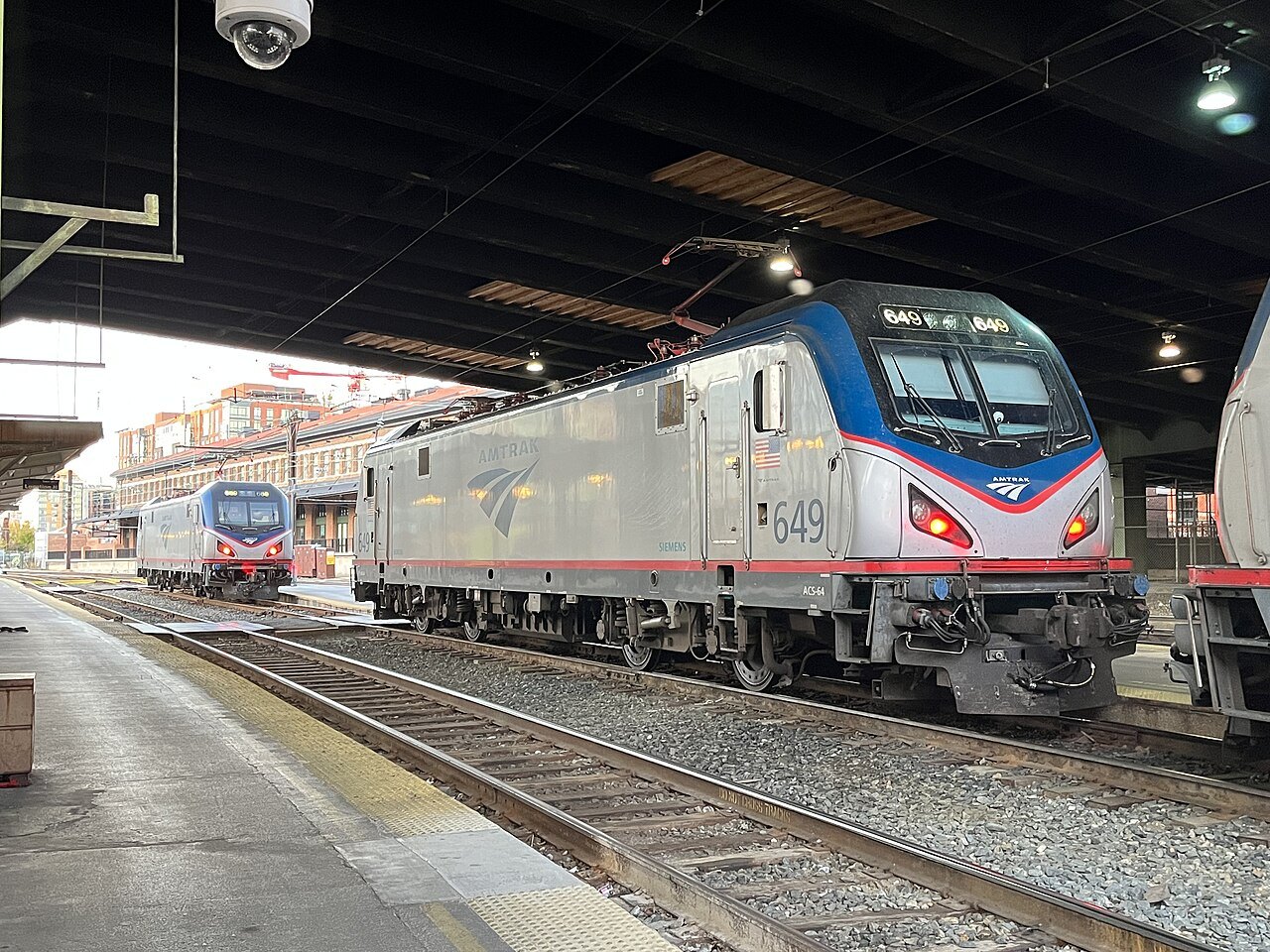 An Amtrak locomotive under the Union Station train shed