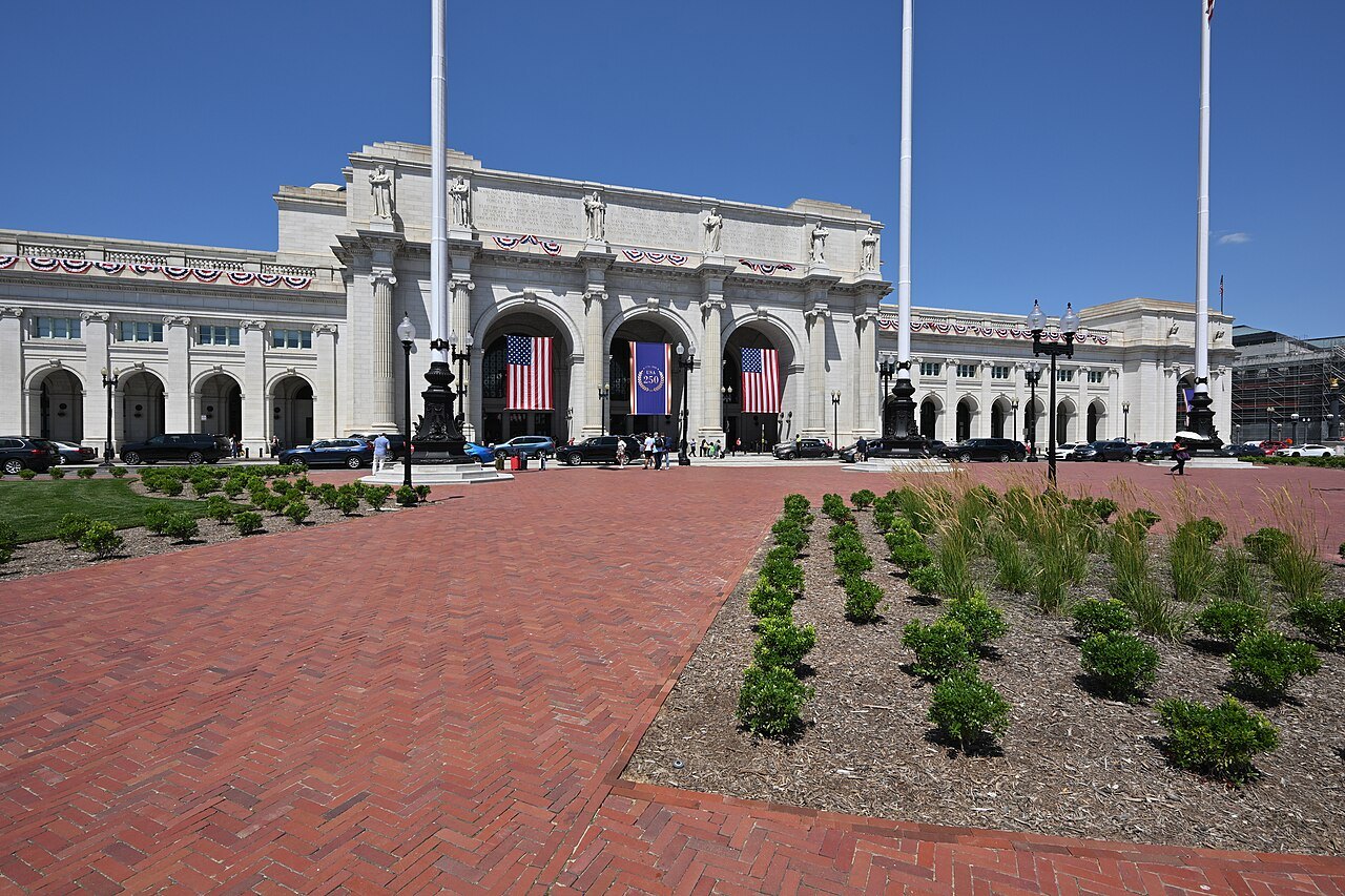 Union Station's front and the planted plaza before it