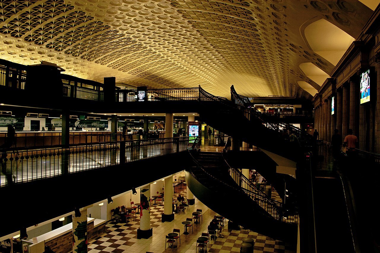 The main hall of Union Station from the upper level, under its coffered vault