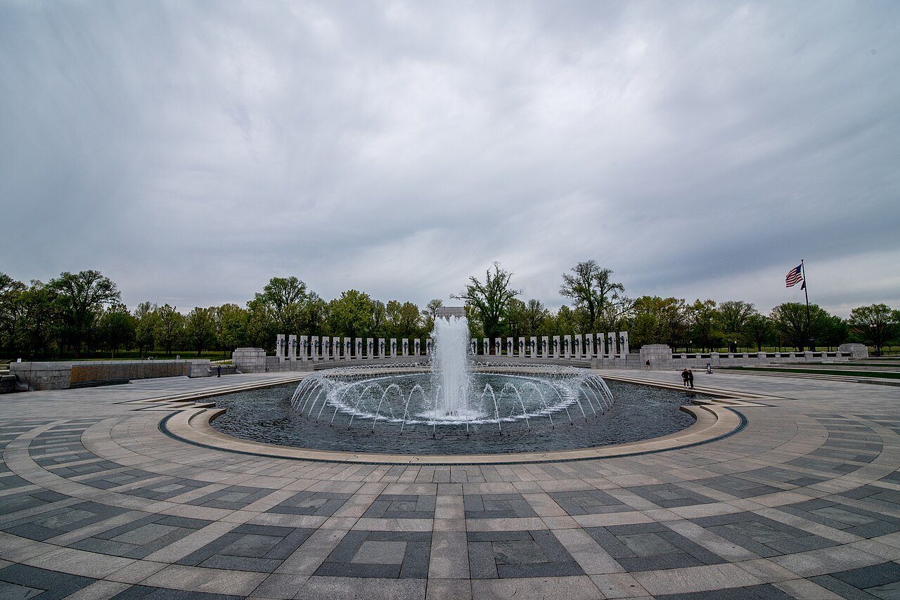 The World War II Memorial's plaza and Rainbow Pool from the east