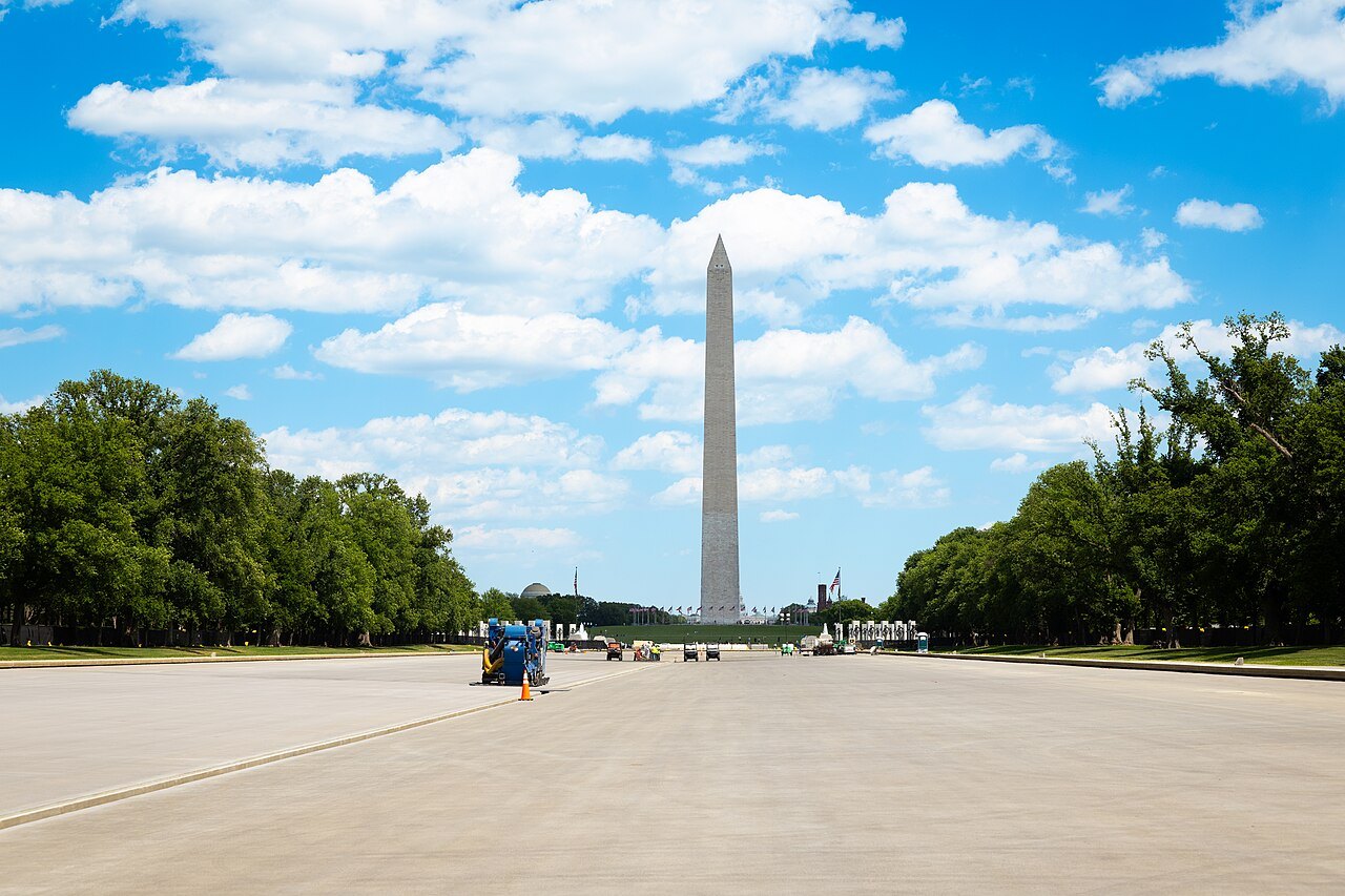 The Washington Monument beyond the drained Reflecting Pool during repair work