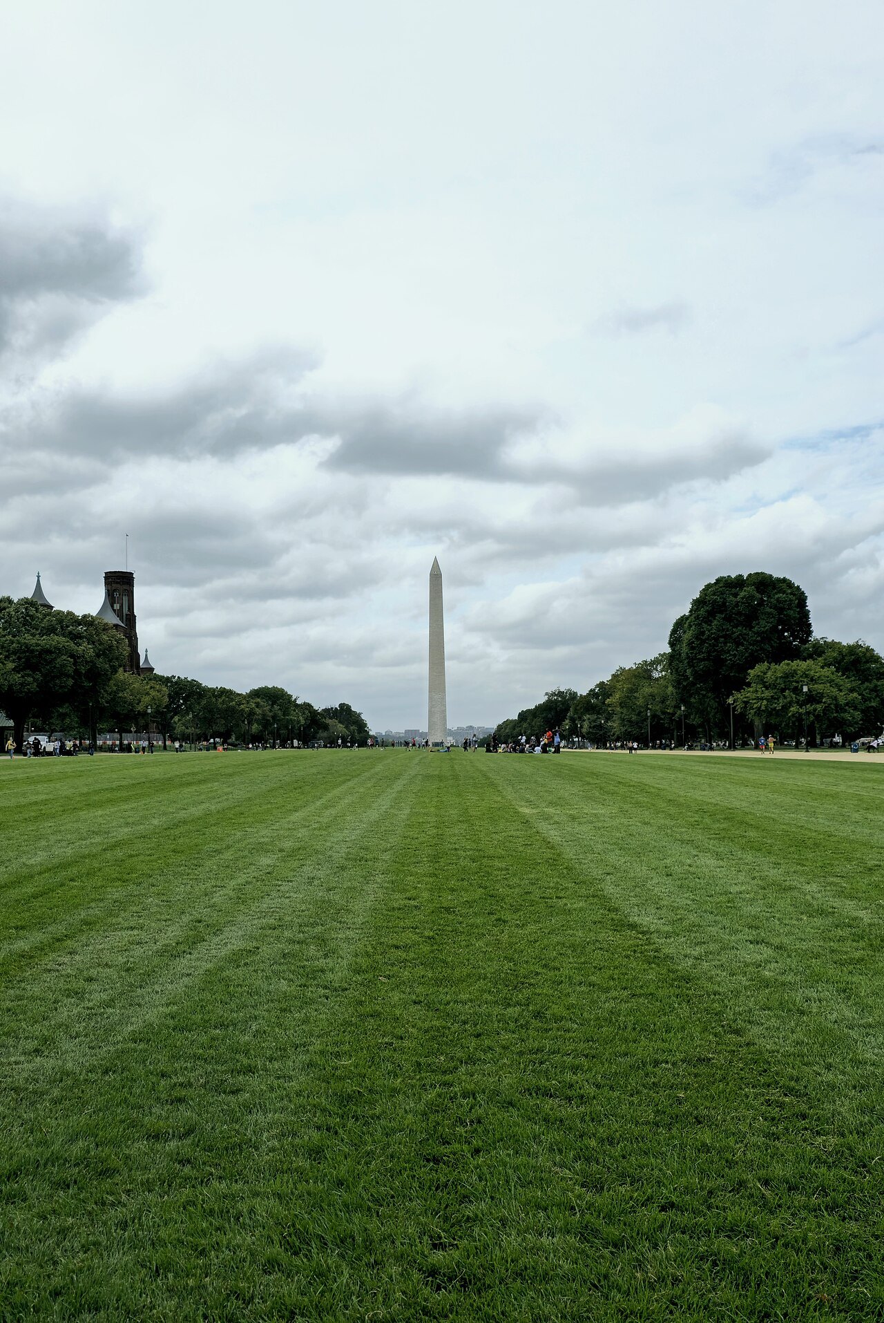 The Washington Monument at the far end of the Mall's mown lawn