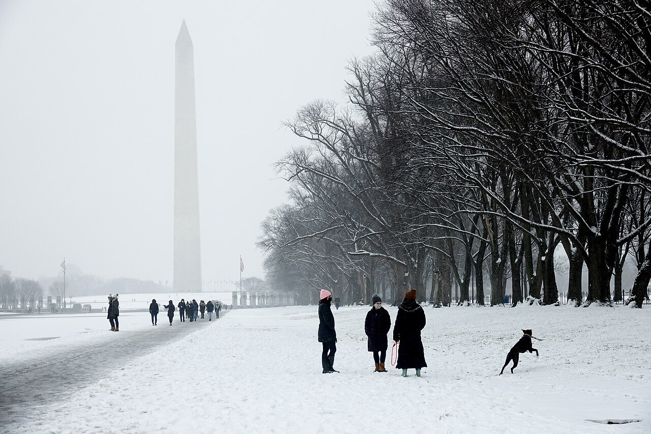 People and a dog on the snow-covered Mall, the Monument faint in the falling snow