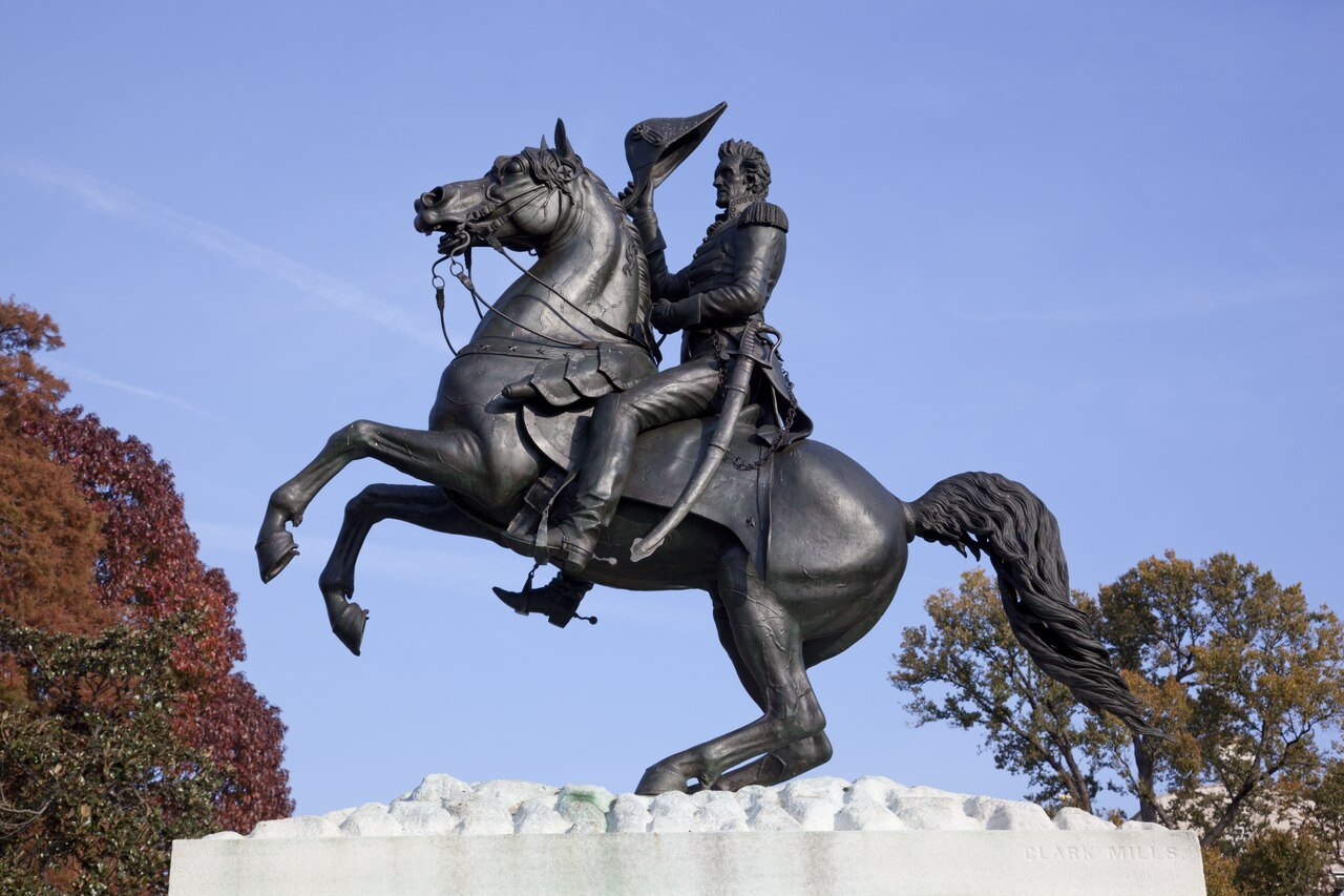 Clark Mills's Andrew Jackson on his rearing horse, both front hooves in the air