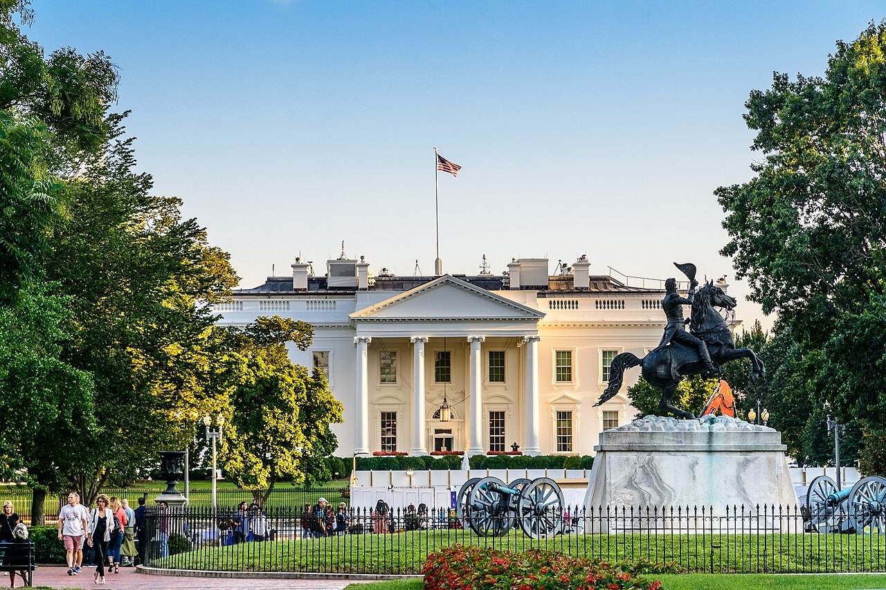 The North Portico of the White House beyond the Jackson statue in Lafayette Square